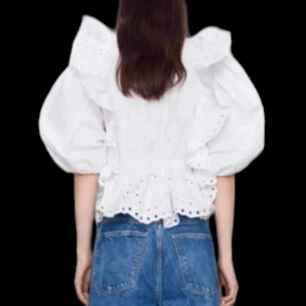 Zara White Poplin Eyelet Puff Top - Picture 3 of 9
